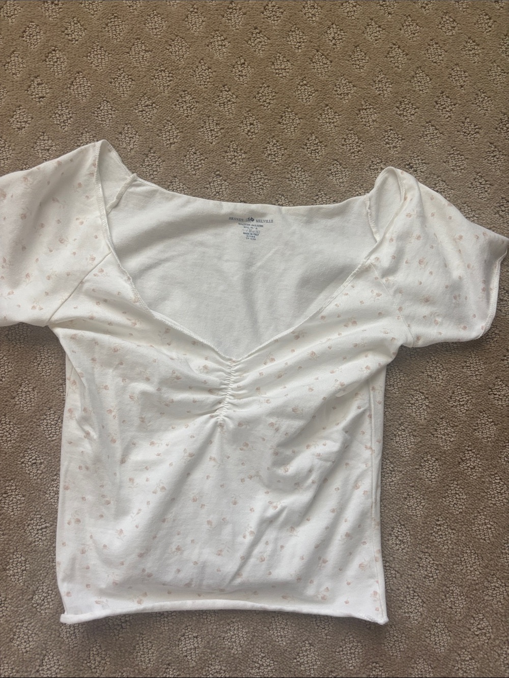 Brandy Melville White Ruched Scoop-Neck Floral Crop Top